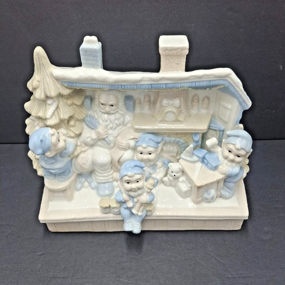 Musical Santa & Elves Ceramic Pastel Blue White Christmas Workshop-Windup